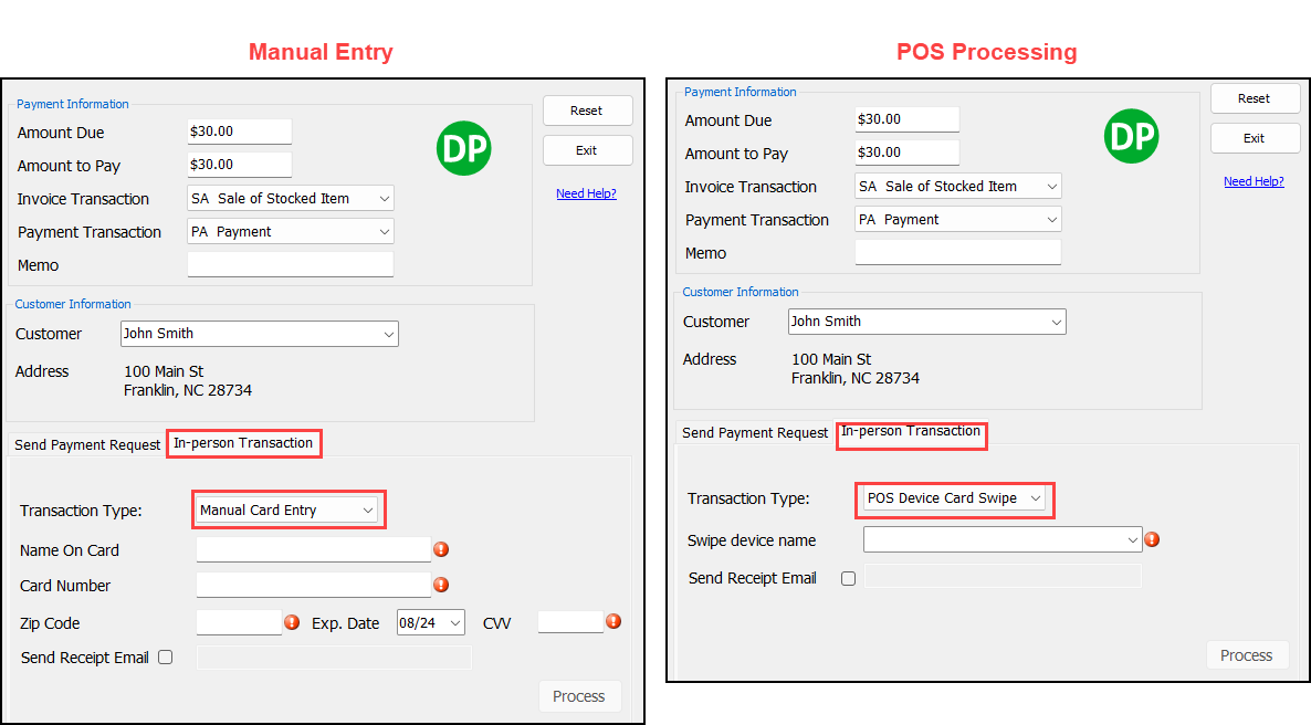 Manually entering payment information vs. using a POS device on the In-person transaction tab of the Drake Pay window